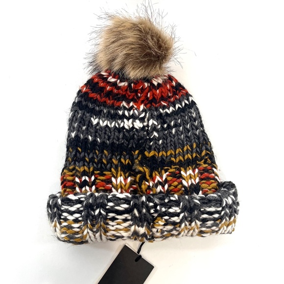 FRYE Marbled Cuff Pompom Beanie Hat Multicolor Red Knit Fur Après-ski